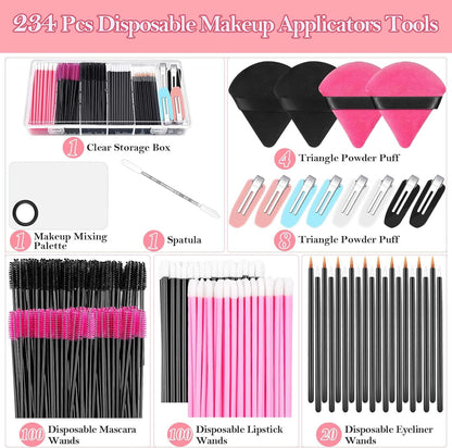 Disposable Makeup Applicators Kit with Makeup Puff Makeup Mixing Palette Makeup Artist Supplies Accessories Mascara Wands, Lip Brushes, Hair Clips Powder Puffs for Face with Storage Box