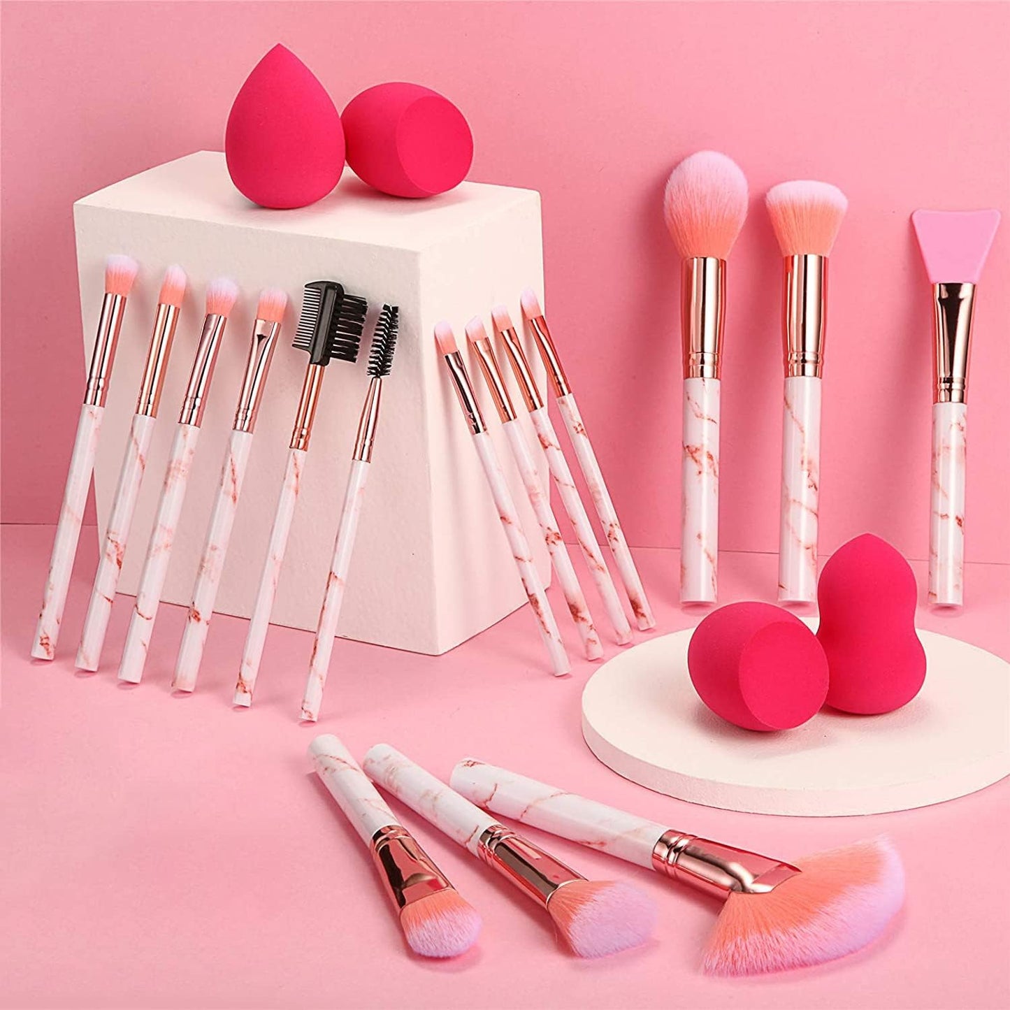 Professional Makeup Brushes Set 16PCS Pink Marble Handle Make up Brushes with 4Pcs Sponge Blenders Foundation Brushes Eyeshadow Concealer Contour Blush Brush Silicone Face Mask Brush Make up Tool