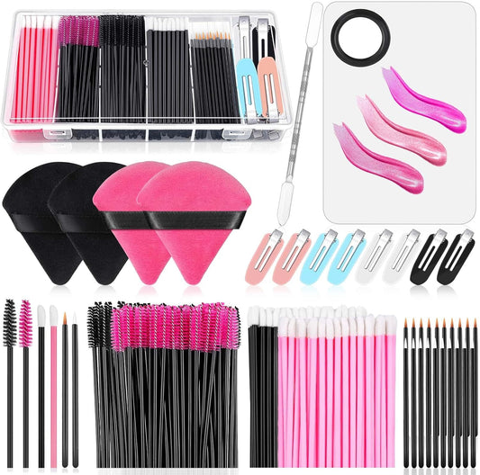 Disposable Makeup Applicators Kit with Makeup Puff Makeup Mixing Palette Makeup Artist Supplies Accessories Mascara Wands, Lip Brushes, Hair Clips Powder Puffs for Face with Storage Box