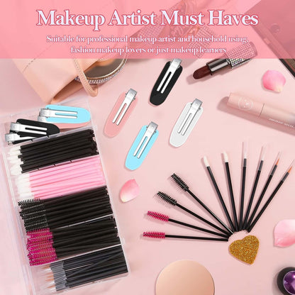 Disposable Makeup Applicators Kit with Makeup Puff Makeup Mixing Palette Makeup Artist Supplies Accessories Mascara Wands, Lip Brushes, Hair Clips Powder Puffs for Face with Storage Box