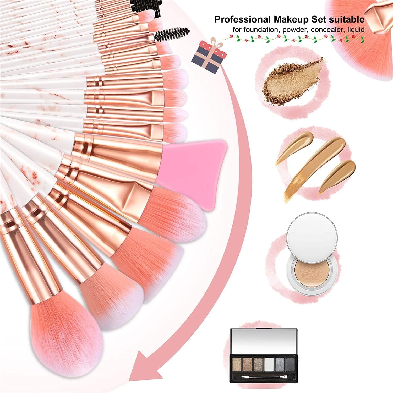 Professional Makeup Brushes Set 16PCS Pink Marble Handle Make up Brushes with 4Pcs Sponge Blenders Foundation Brushes Eyeshadow Concealer Contour Blush Brush Silicone Face Mask Brush Make up Tool