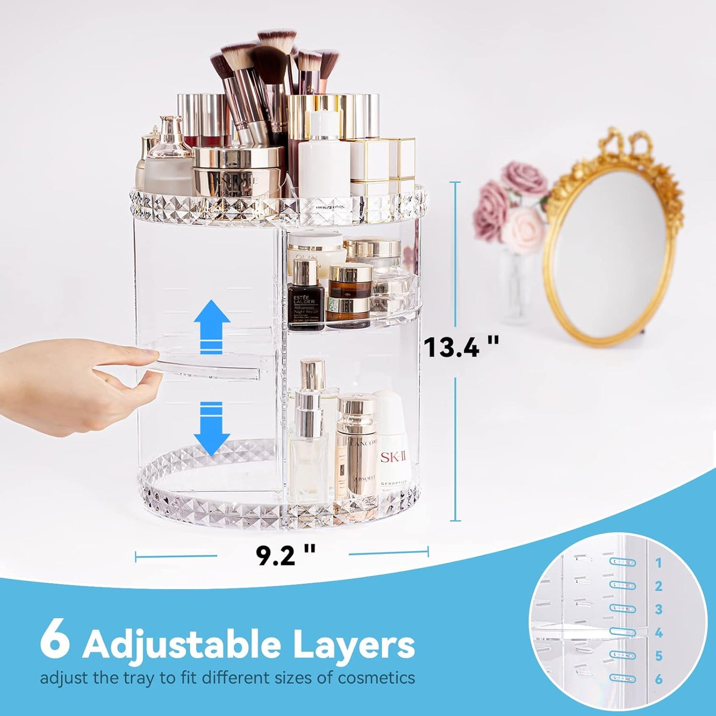 Rotating Makeup Organizer Spinning for Vanity, 360 Rotation with 6 Adjustable Layers, Large Capacity Vanity Skin-Care Organizers Clear Perfume